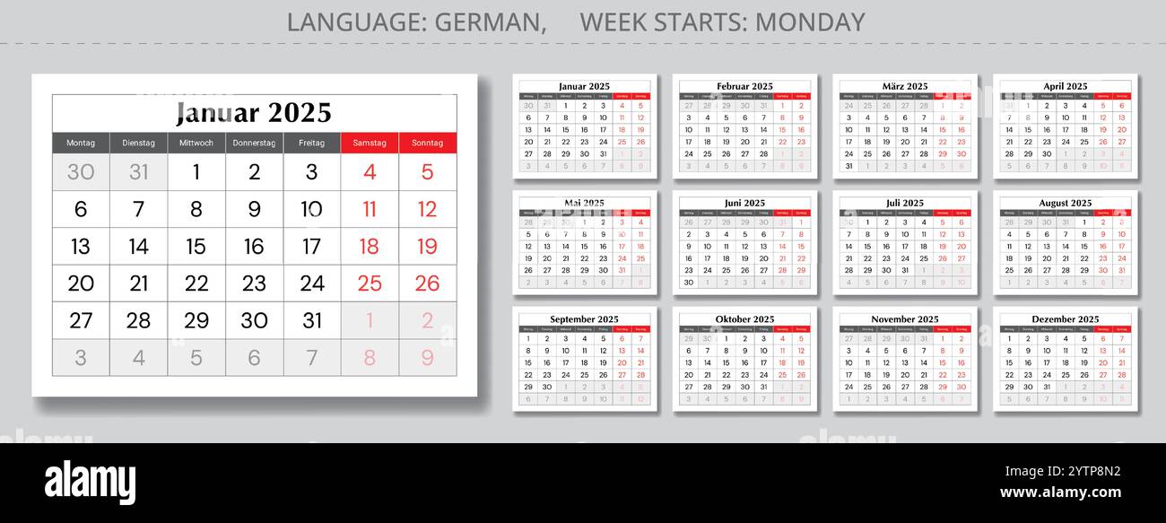 2025 german calendar - Kalender. Vector illustration collection of