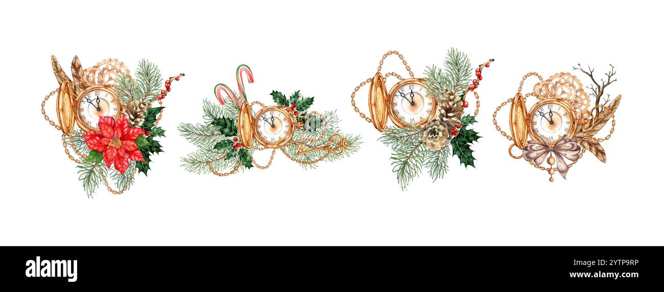 Gold pocket watch with an open lid and on a long chain with fir branches, pine cones, red berries, holly, poinsettia, watercolor illustration. Vintage Stock Photo