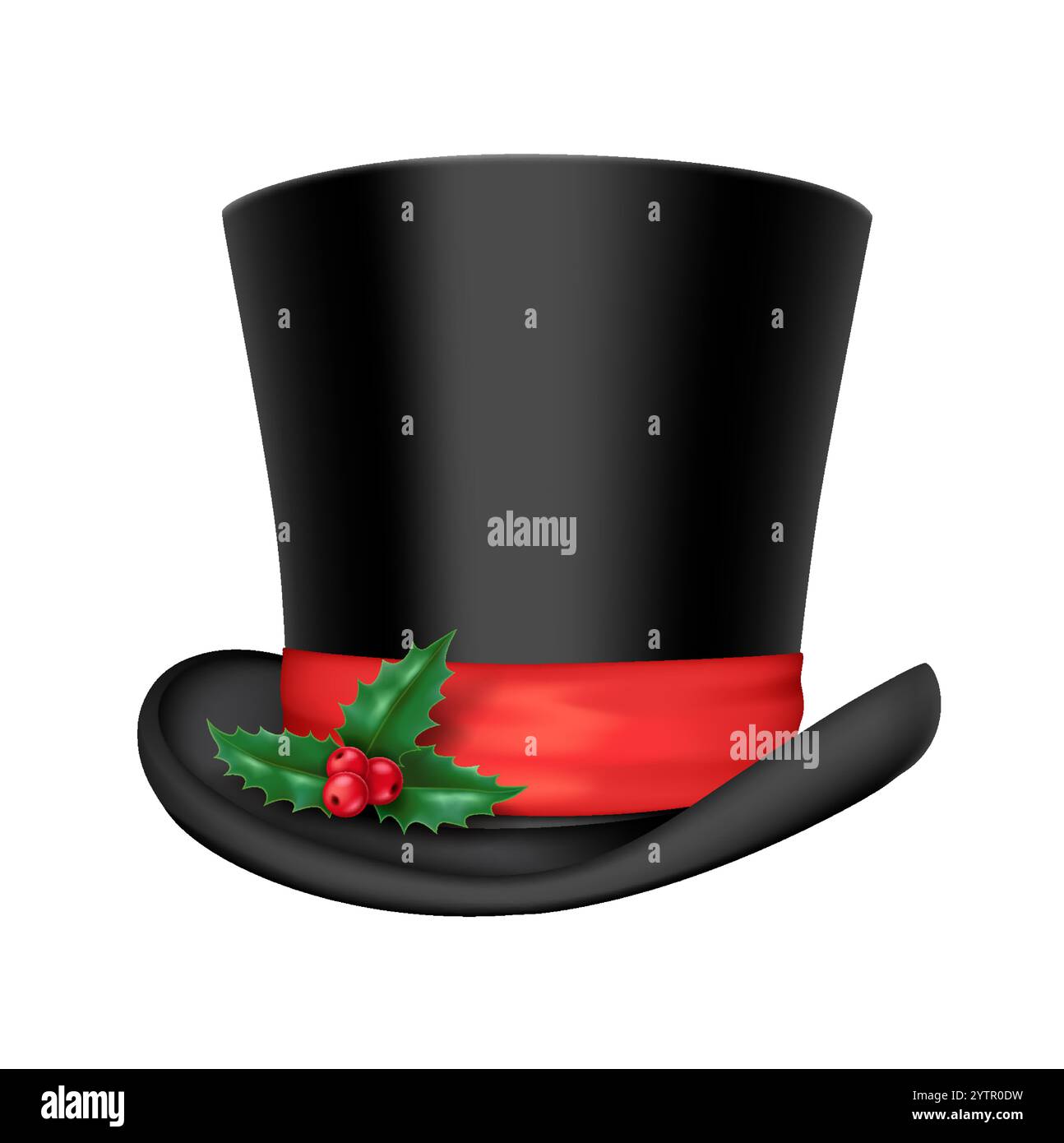 Black top hat with red ribbon and holly berries realistic vector ...