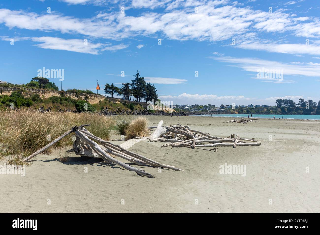 Driftwood on beach, Caroline Bay, Timaru (Te Tihi-o-Maru), Canterbury, South Island, New Zealand Stock Photo