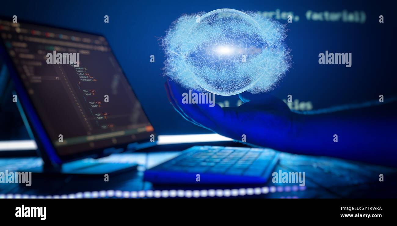 Hand Holding a Digital Globe with Software Code in Background Representing Global Technology, Programming Stock Photo