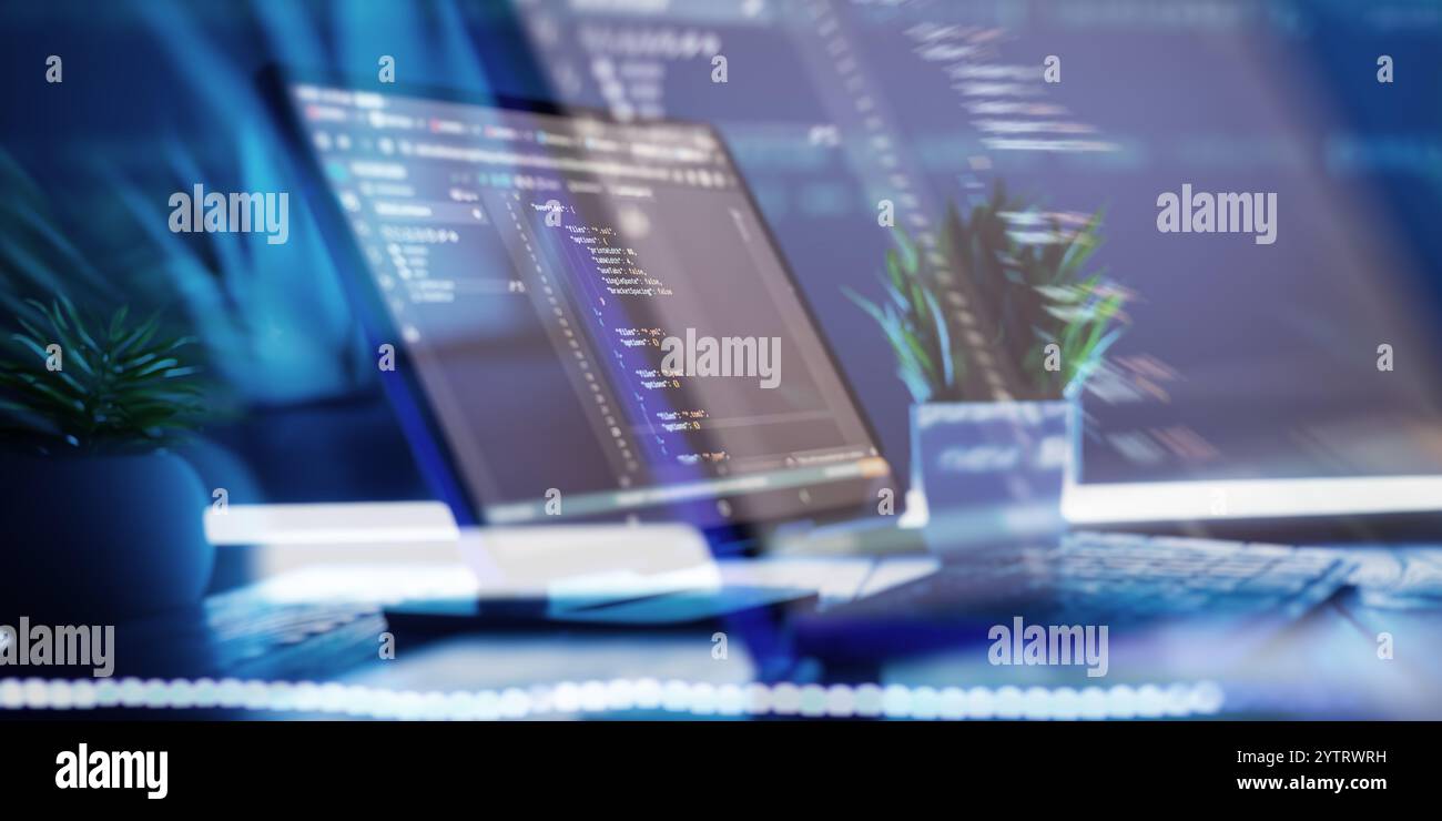 Work from home. Programmer coding code on notebook screen at Stock Photo