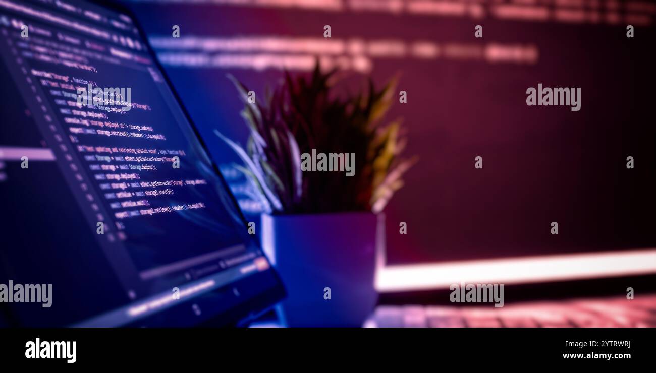 Work from home. Programmer coding code on notebook screen at Stock Photo