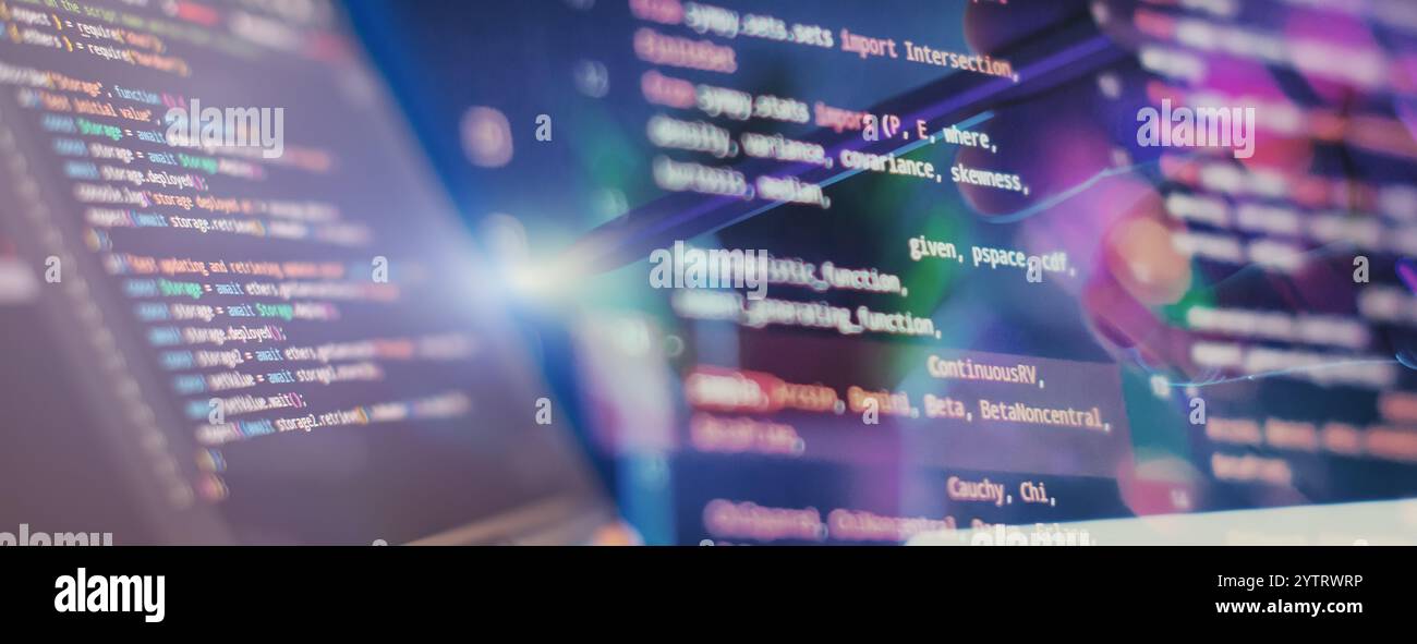 Work from home. Programmer coding code on notebook screen at Stock Photo