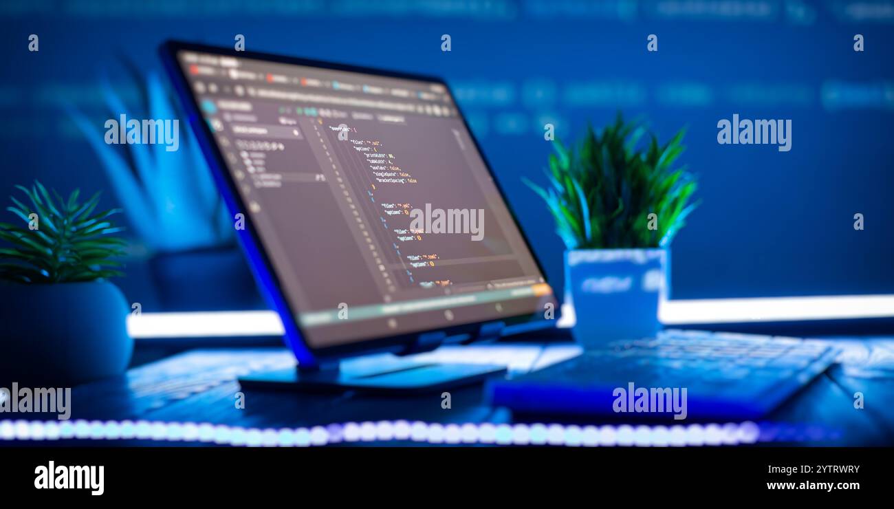Work from home. Programmer coding code on notebook screen at Stock Photo