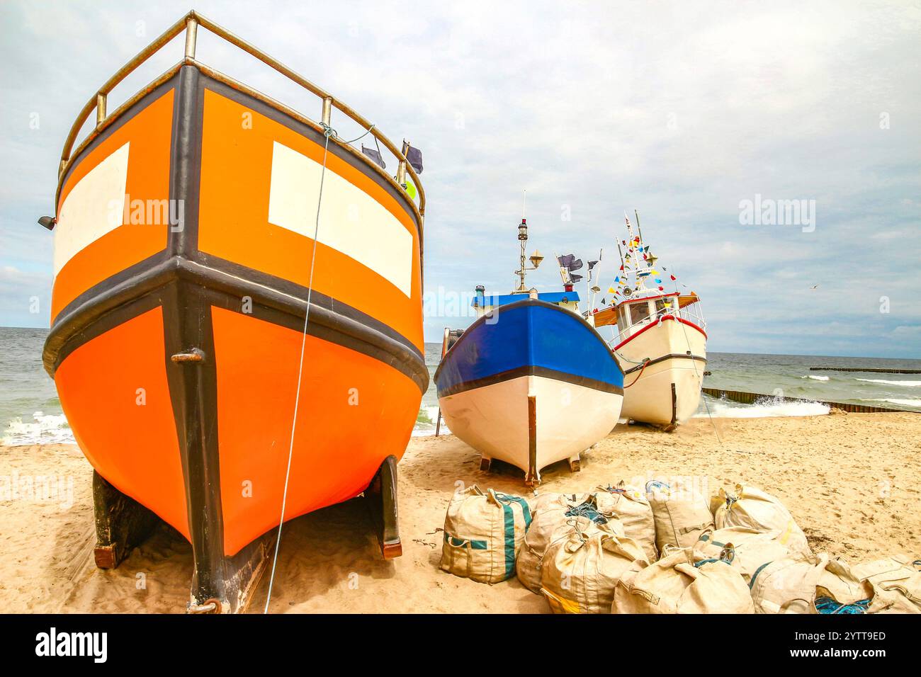 Fishing boats, fishing boats in the Baltic Sea, ships moored on the beach Stock Photo