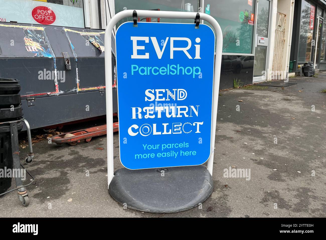 Evri ParcelShop Sign outside Spar in West Cross. Swansea, Wales, United Kingdom. 6th December 2024. - Smartphone Captured Stock Image