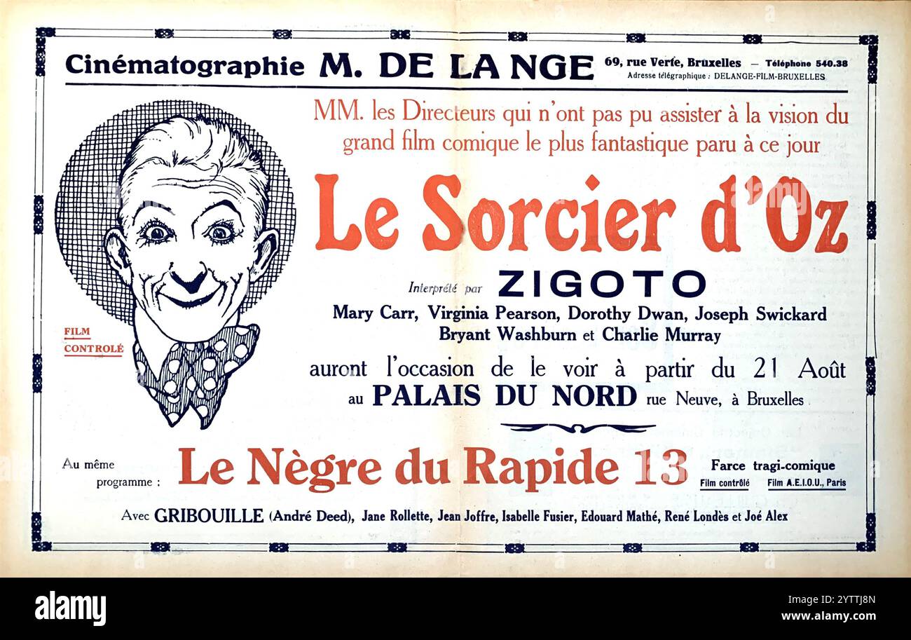 Belgian Trade Ad for LARRY SEMON aka ZIGOTO in THE WIZARD OF OZ / LE SORCIER D'OZ 1925 director LARRY SEMON adapted from the story by Frank L. Baum art direction Robert Stevens costume design Frederick Ko Vert Chadwick Pictures Corporation Stock Photo