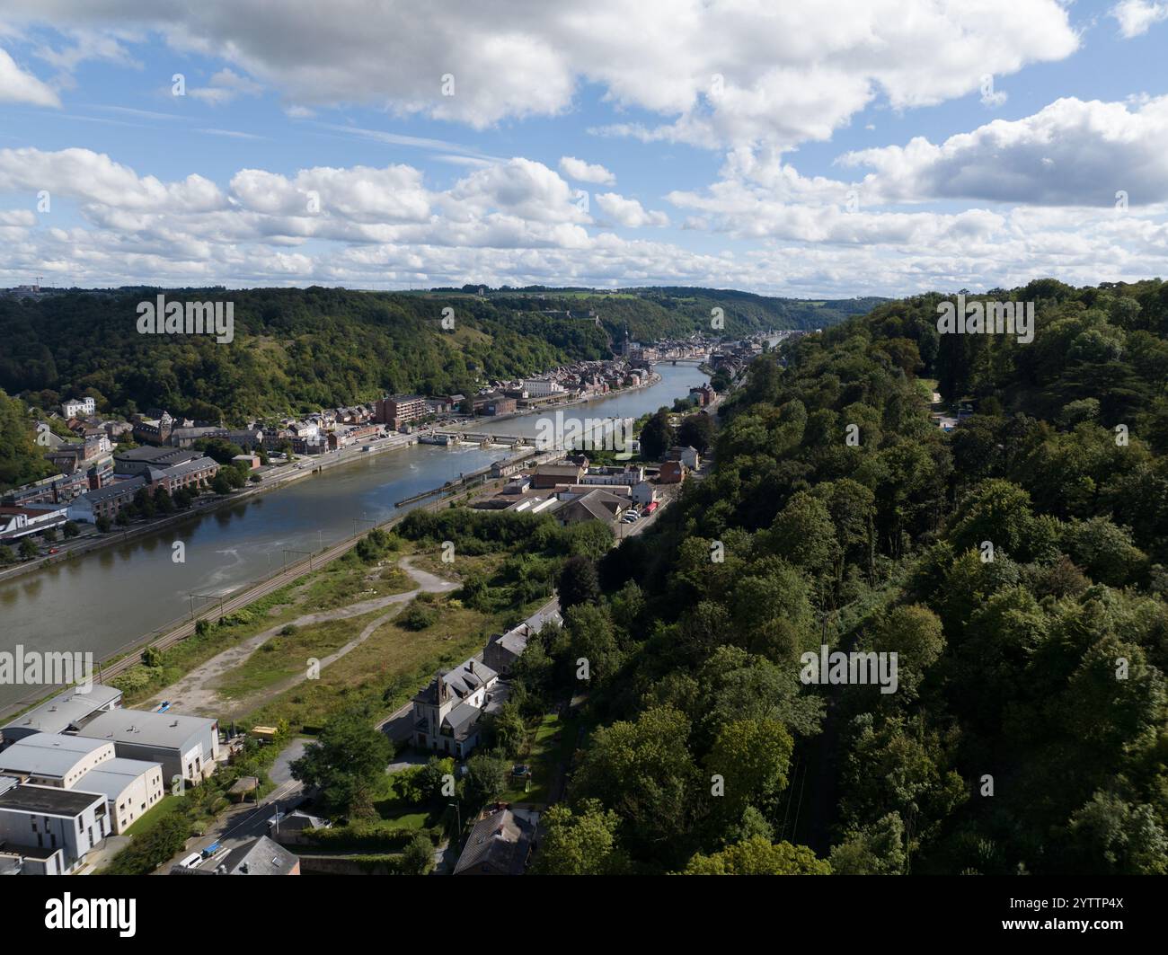 Dinant, Wallonia, Belgium, small city scape river Meuse, aerial drone view. Stock Photo