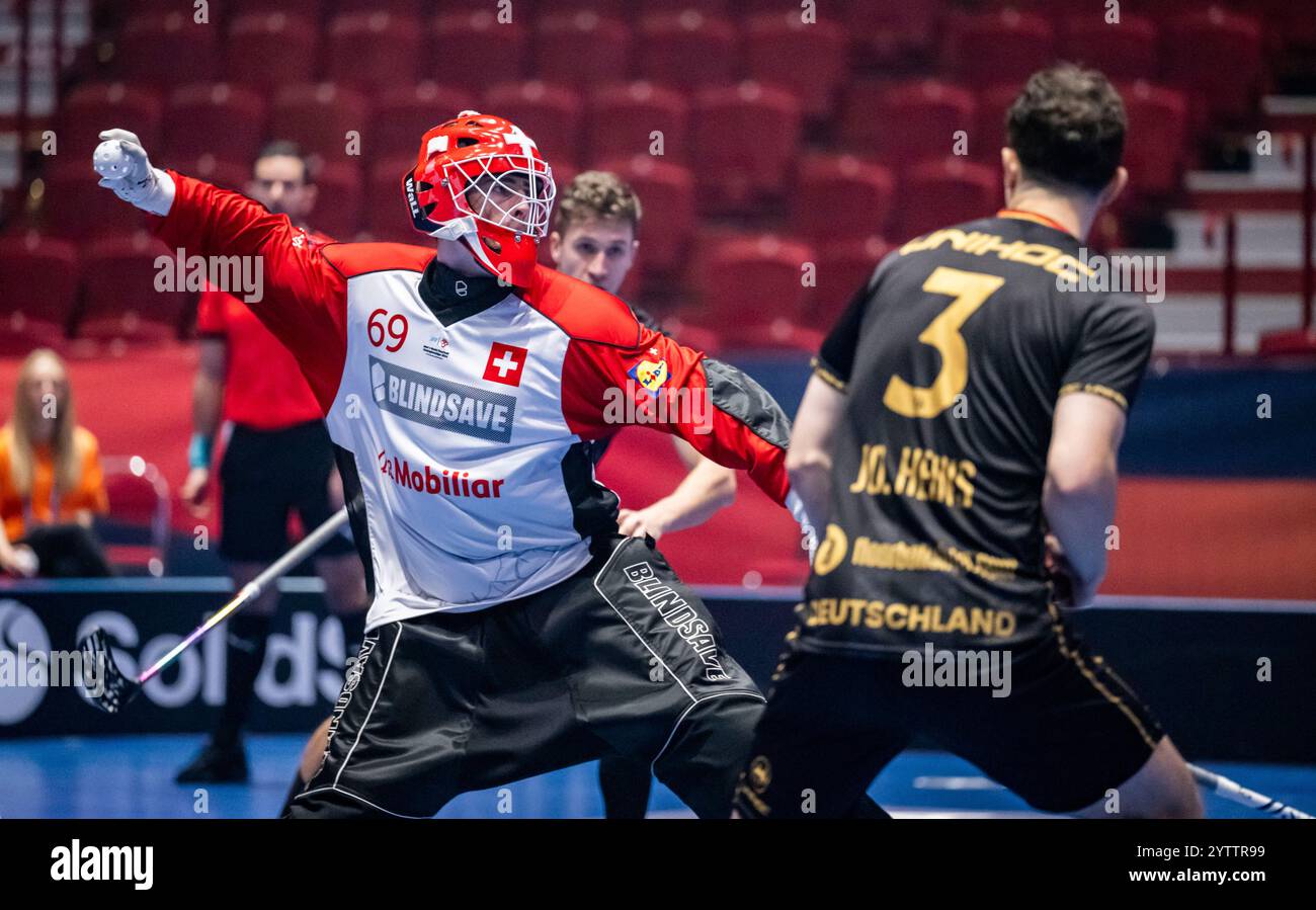 MALMÖ 2024-12-08 Switzerland goalkeeper Lukas Genhart (69) during the group stage match between Germany and Switzerland during the 2024 Men's Floorball World Championship at Malmö Arena in Malmö, Sweden, on December 8, 2024. Photo: Johan Nilsson/TT/Code 50090 Credit: TT News Agency/Alamy Live News Stock Photo