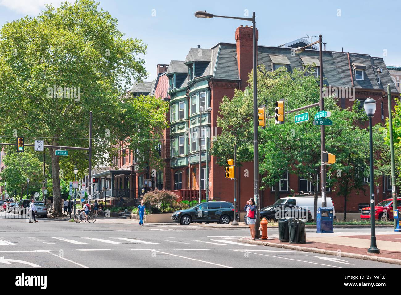 University City Philadelphia, view in summer of a typical residential street (Walnut & South 38th Streets) in the centre of the university district Stock Photo