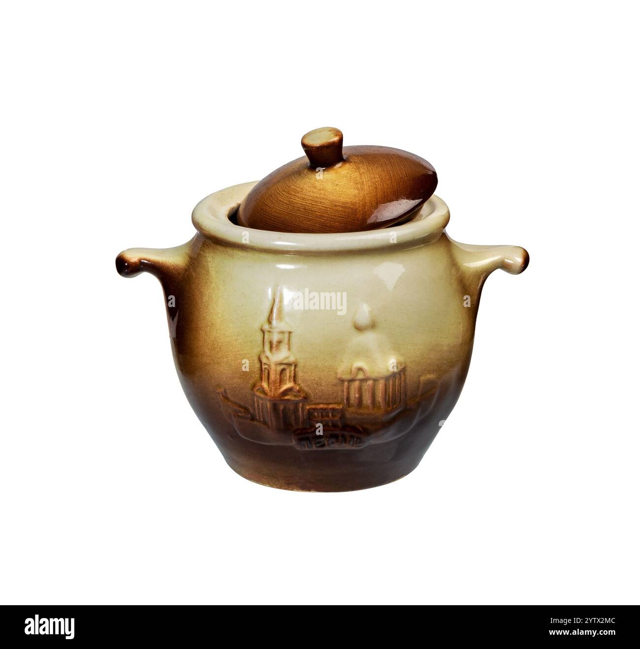 Ceramic cooking pot with lid isolated on white. Stock Photo