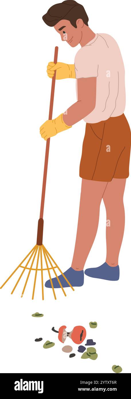 Young man wearing gloves and raking up trash in a park, fostering environmental awareness and encouraging community involvement in effective waste man Stock Vector