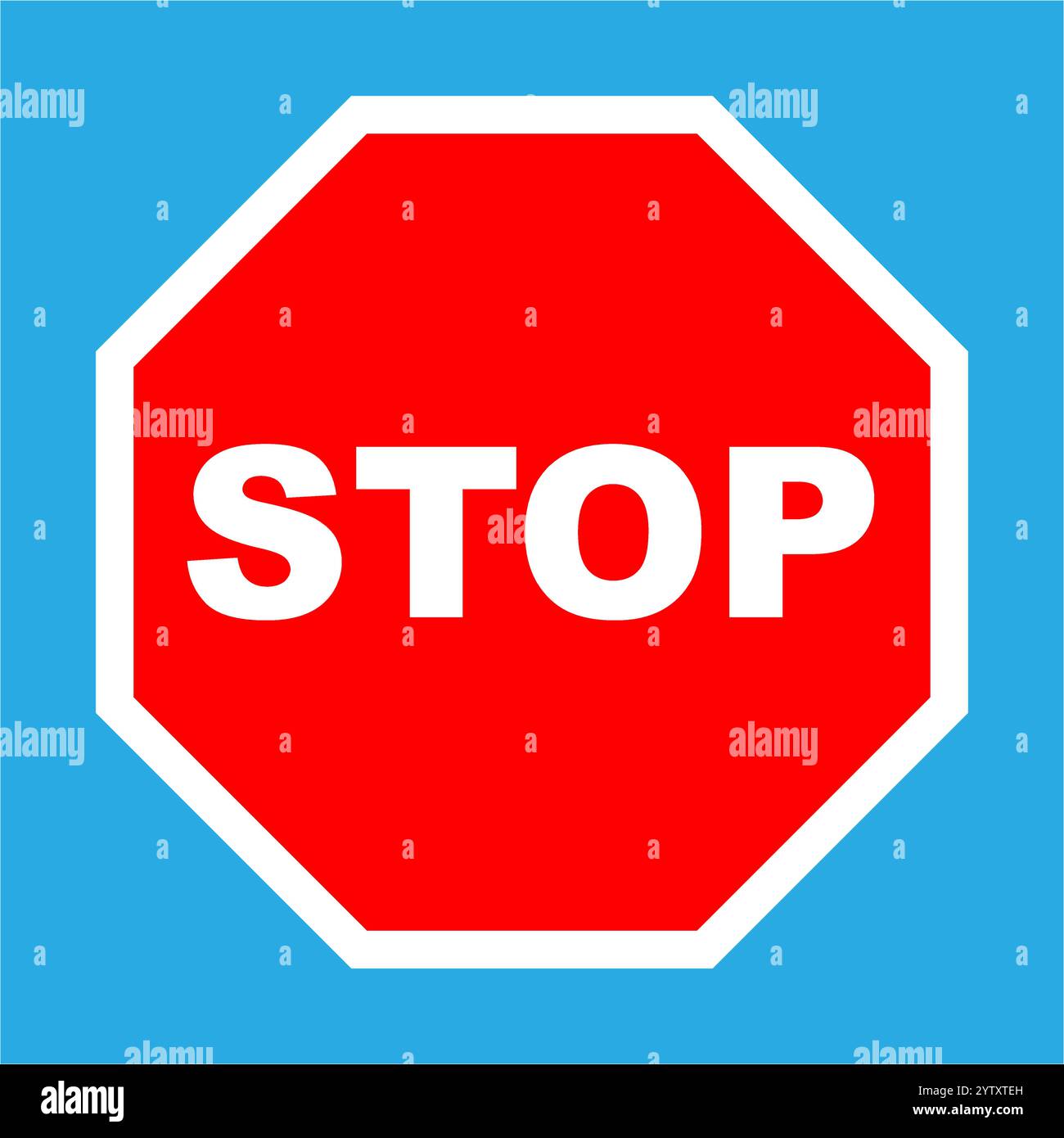 Red octagonal stop sign is conveying a message of stopping and ceasing on a vibrant blue backdrop Stock Vector