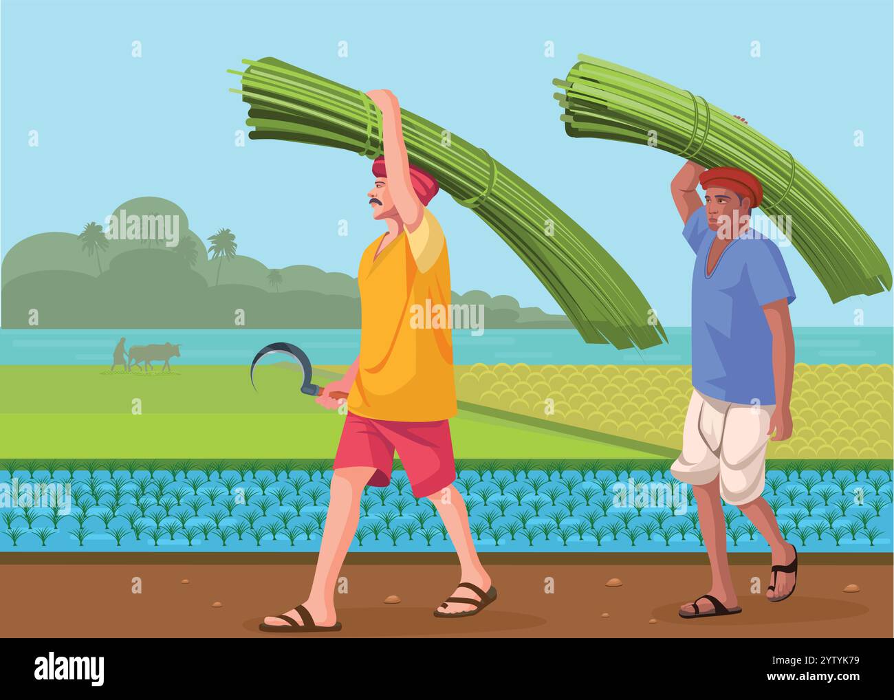Farmer carrying crop on head landscape Stock Vector Image & Art - Alamy