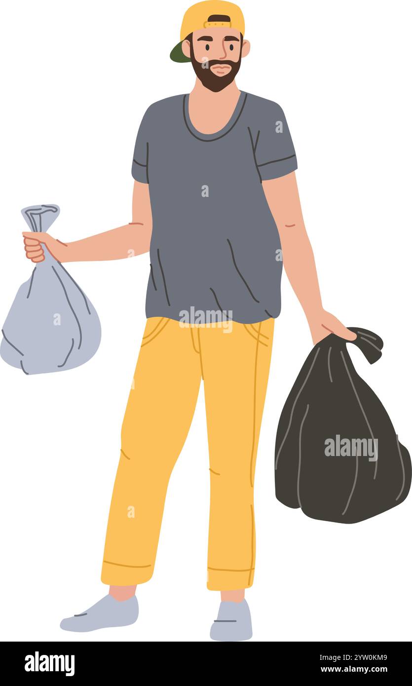 Young volunteer carrying garbage bags, actively participating in waste collection and promoting environmental awareness through responsible waste disp Stock Vector