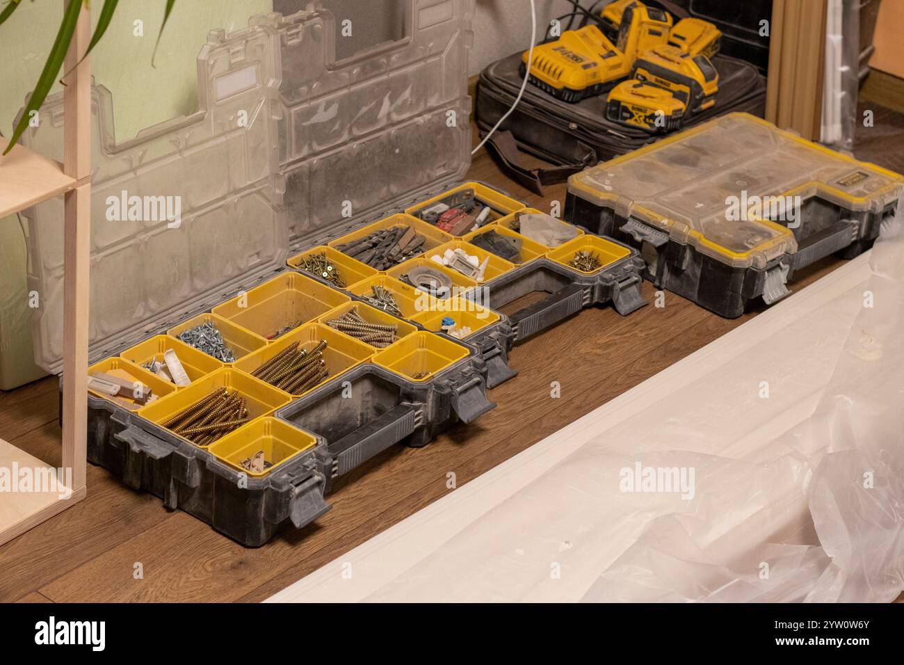 Various carpentry tools, consumables and fixtures. Stock Photo