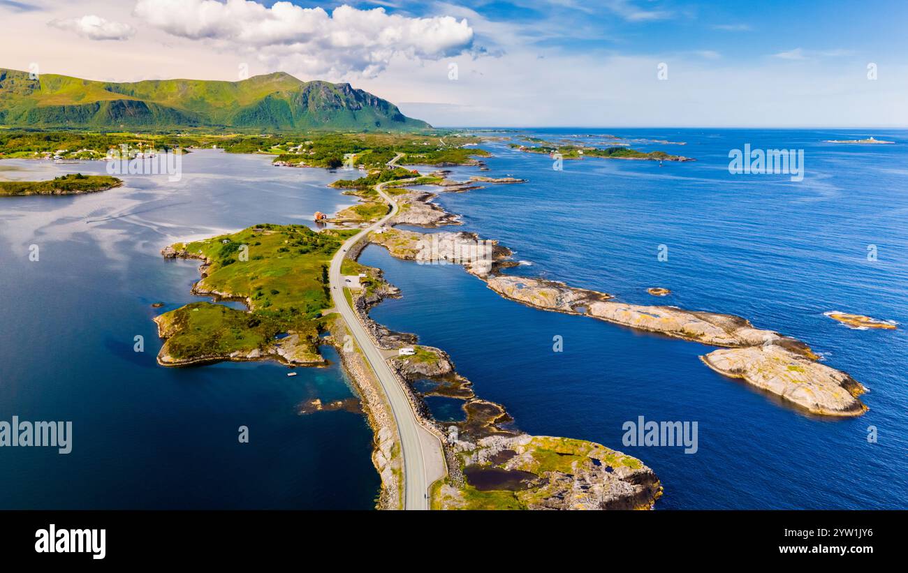An aerial view of the Atlantic Road in Norway, showcases the winding ...