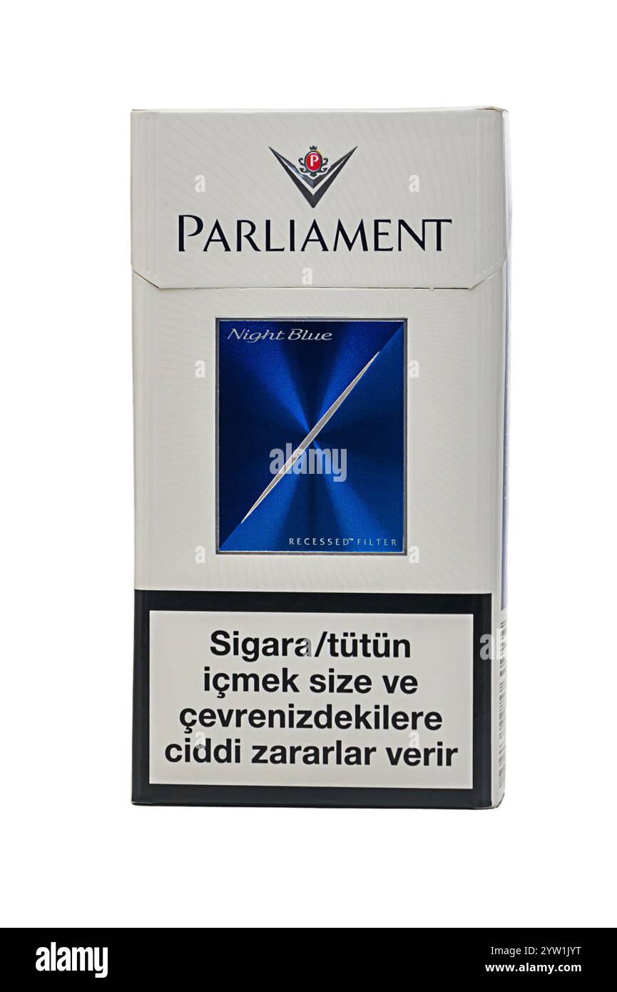 Gaziveren Cyprus -05.12.2024 A striking cigarette pack showcasing a sleek blue and silver design, hinting at a location frequented by smokers. Stock Photo