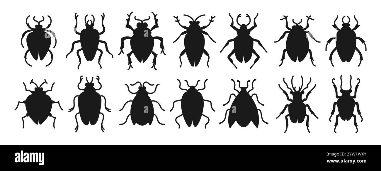 Beetles silhouette symbol set whimsical insects. Different fantasy sign ...