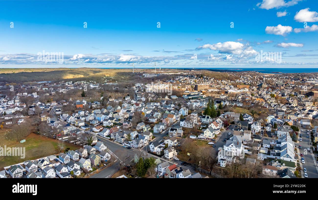 Gloucester, MA, USA - November 29, 2024:  Autumn aerial, drone, photo of the City of Gloucester, Massachusetts, MA, USA. Stock Photo