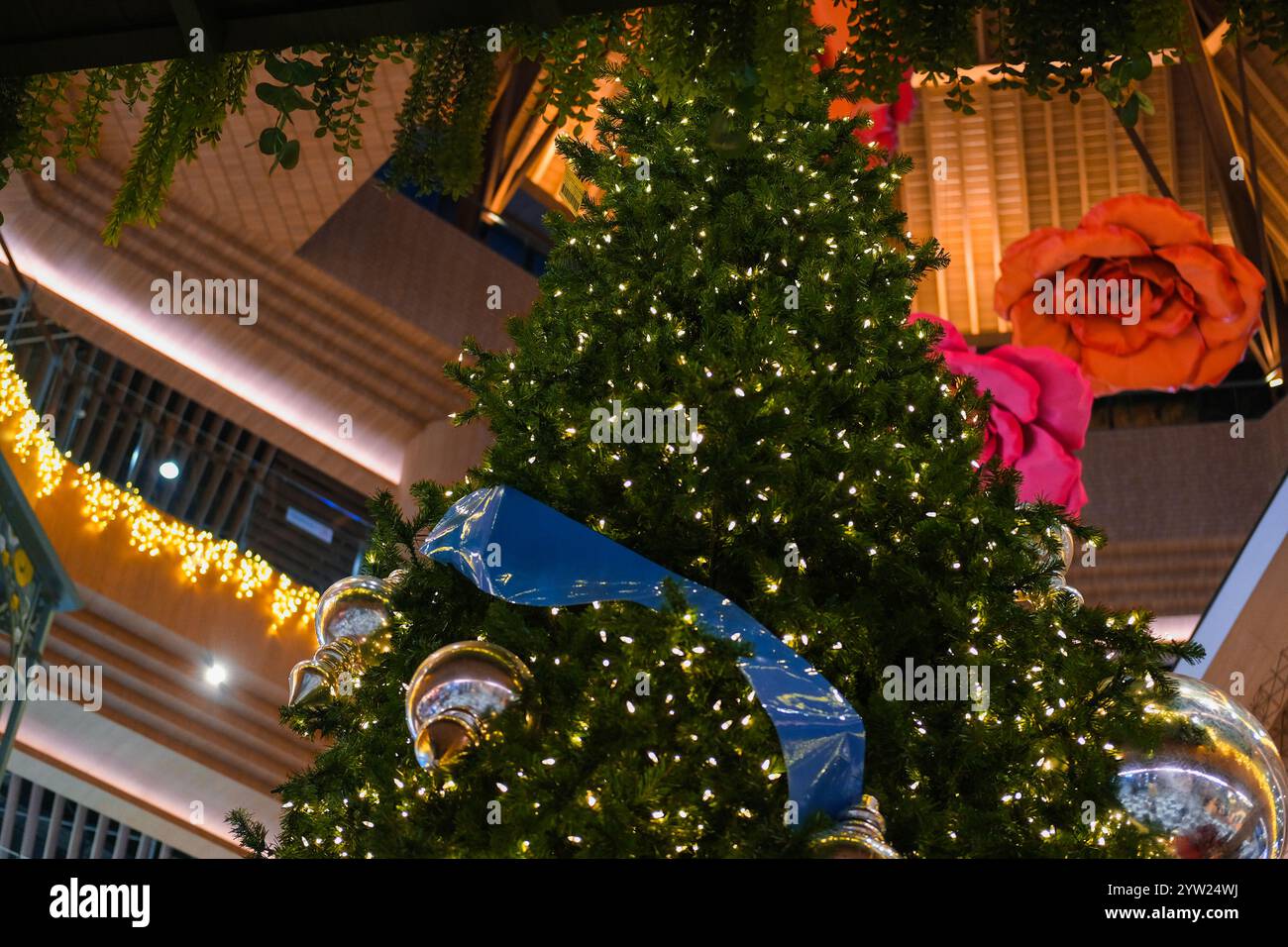 A view from the bottom up of a decorated Christmas tree in a shopping ...