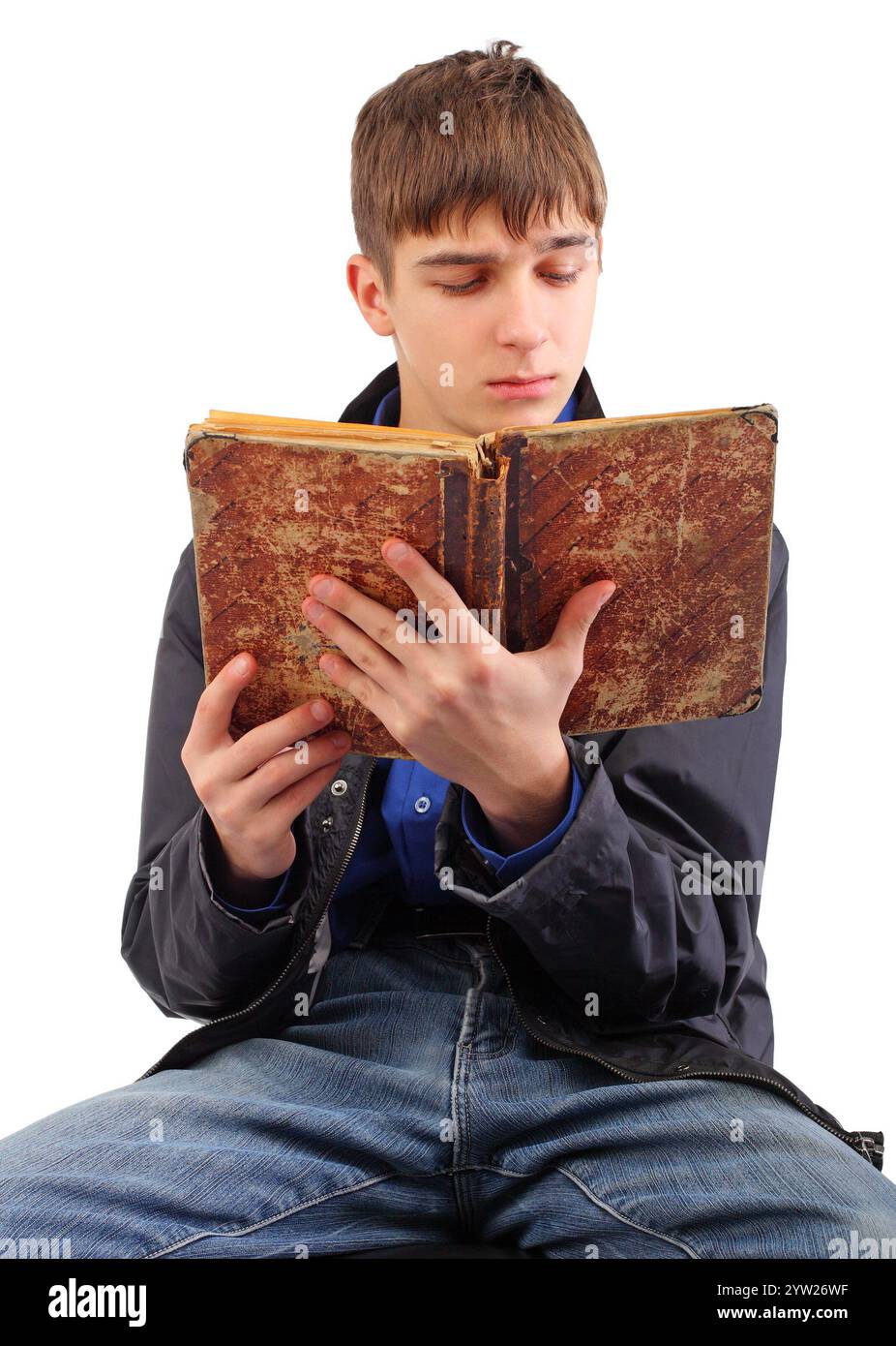 teenager reads old book isolated on the white background Stock Photo ...