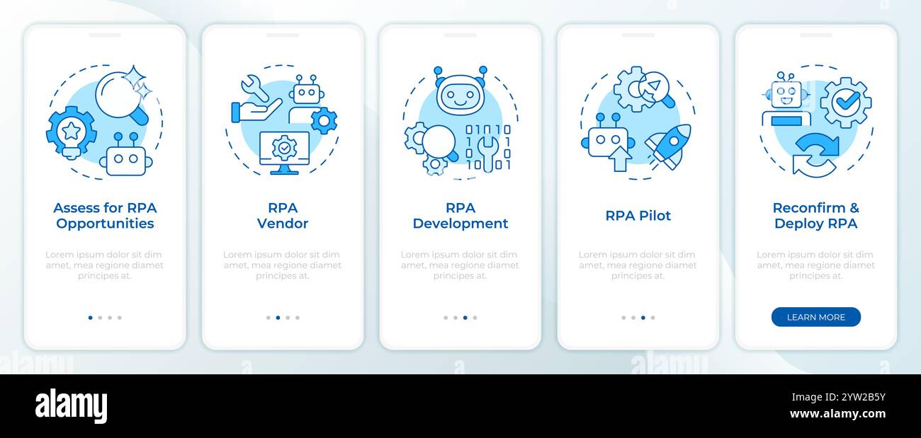 RPA implementation blue onboarding mobile app screen Stock Vector