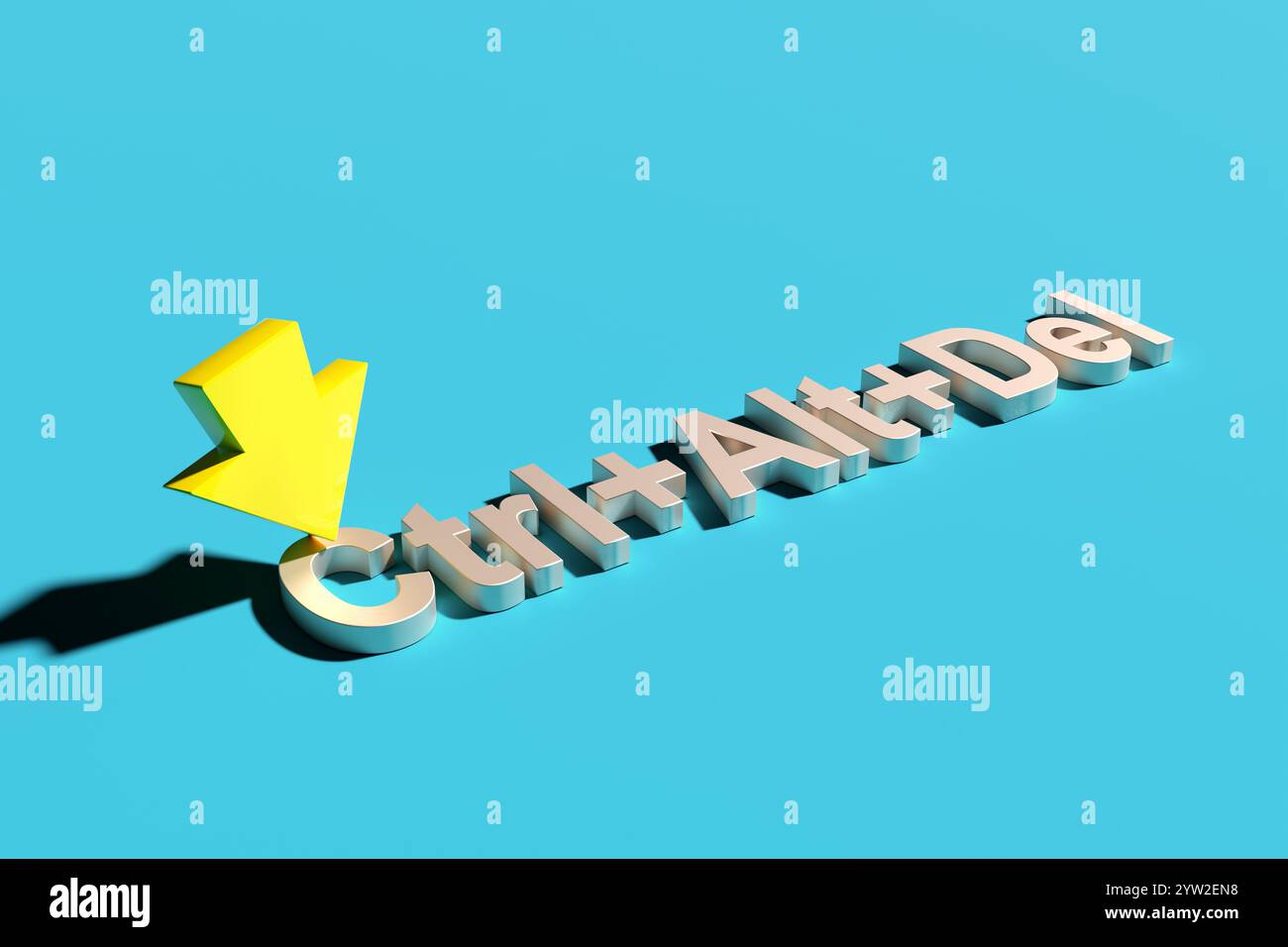 Resetting or restarting a computer command. Bright yellow mouse arrow points at metallic text ctrl alt del on blue background. 3d render. Stock Photo