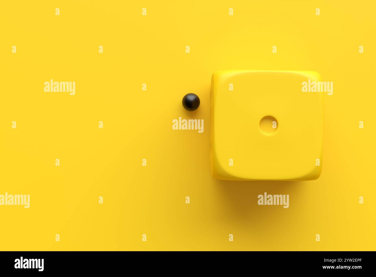 Yellow dice showing number one with a small black ball on a yellow background. Gambling, loss of luck, chance, loss concepts. 3D render. Stock Photo