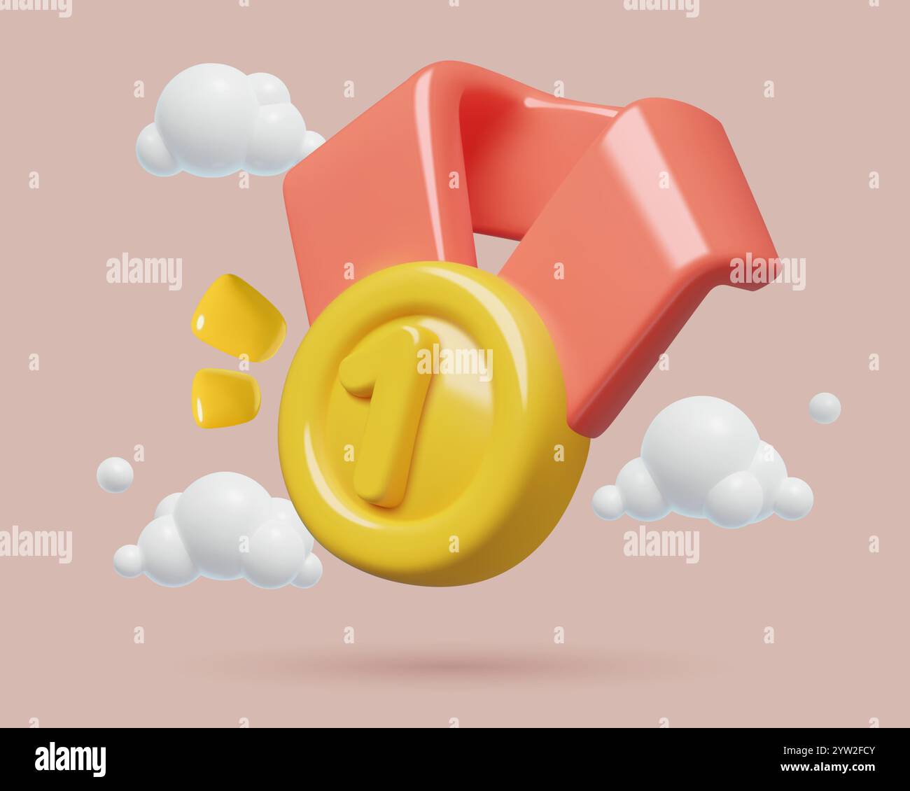 Shining gold medal 3d emoji with number one. First place award concept vector background flying in clouds. Stock Vector