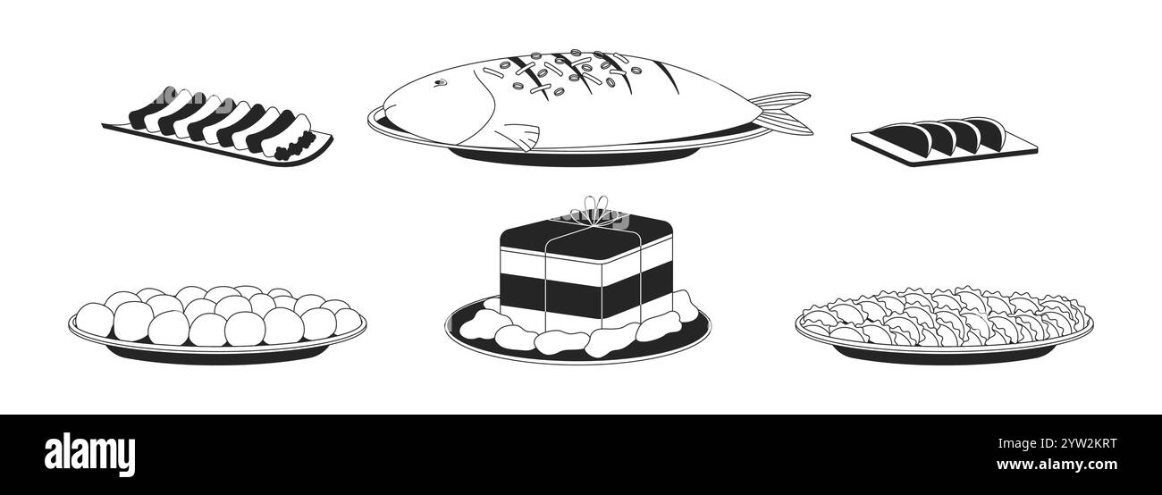 Chinese New Year Foods Black And White 2d Line Objects Set Stock Vector