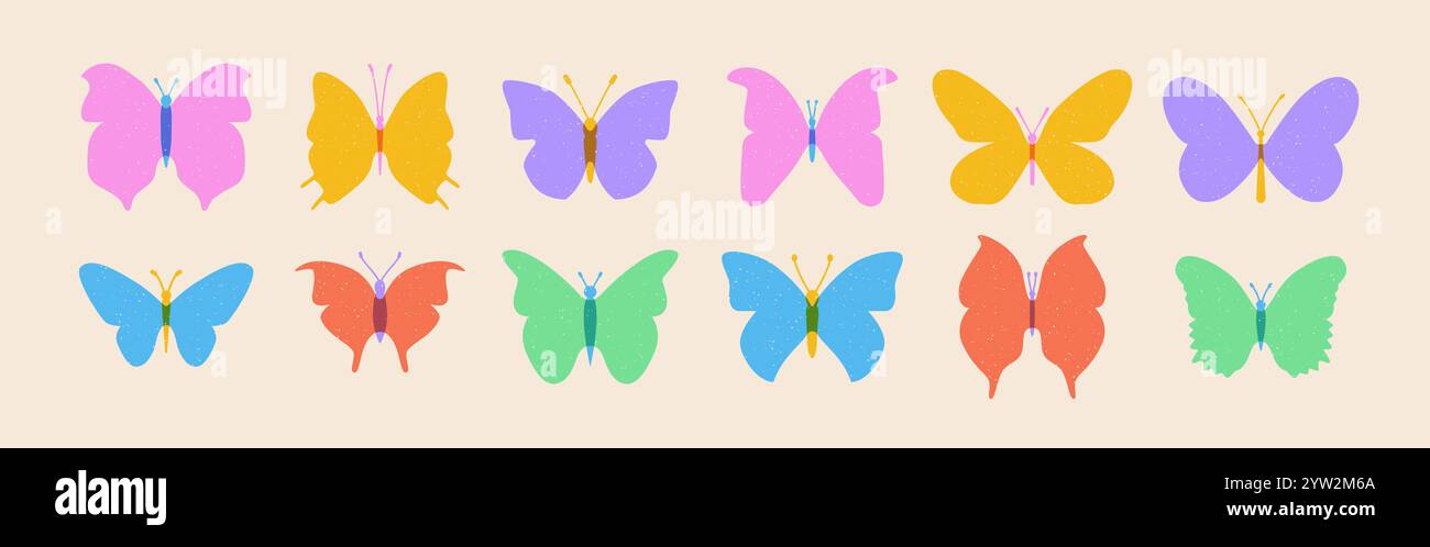 Risograph butterfly with texture collection Stock Vector