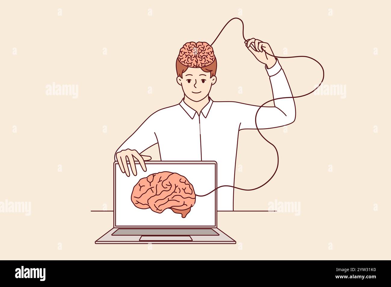 Man develops artificial intelligence and transfers own brain to internet, standing near laptop. Process of learning ai technologies to create innovative software with artificial intelligence Stock Vector