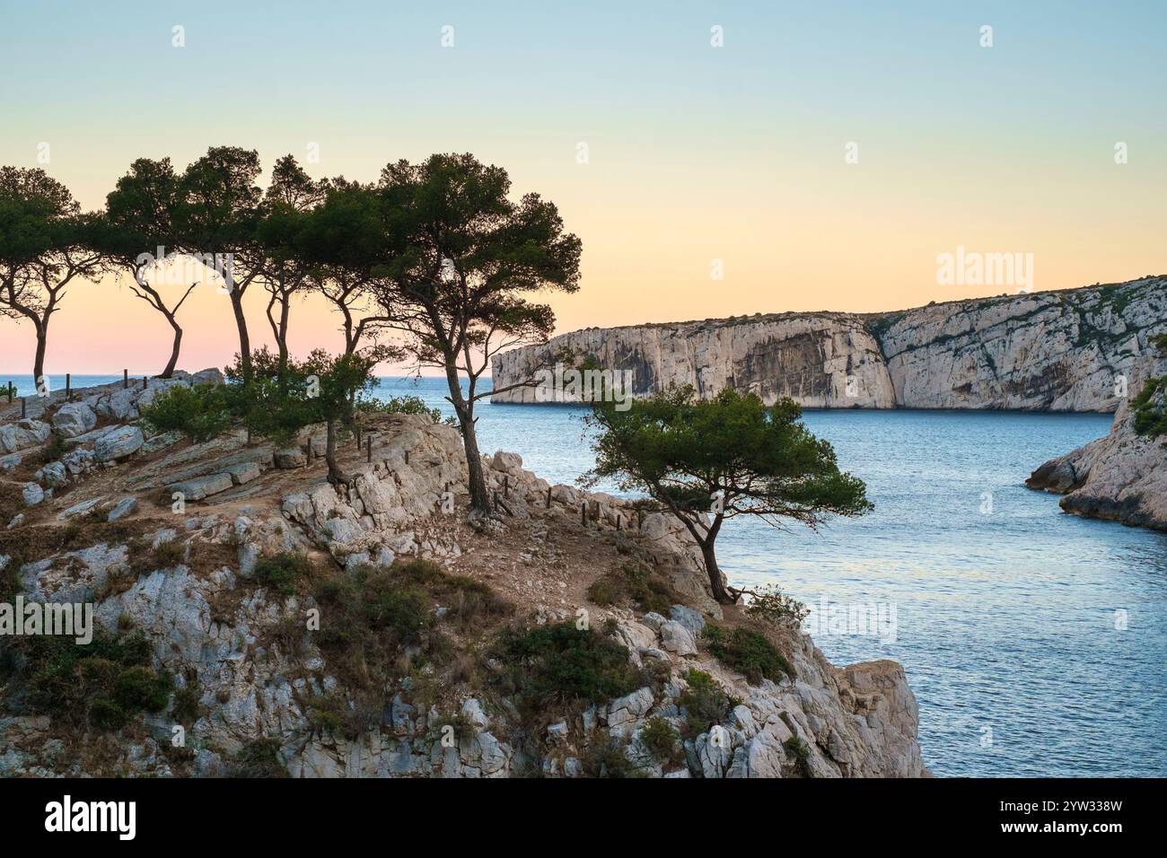 Mediterranean landscape at Calanque de Sugiton at sunset Stock Photo
