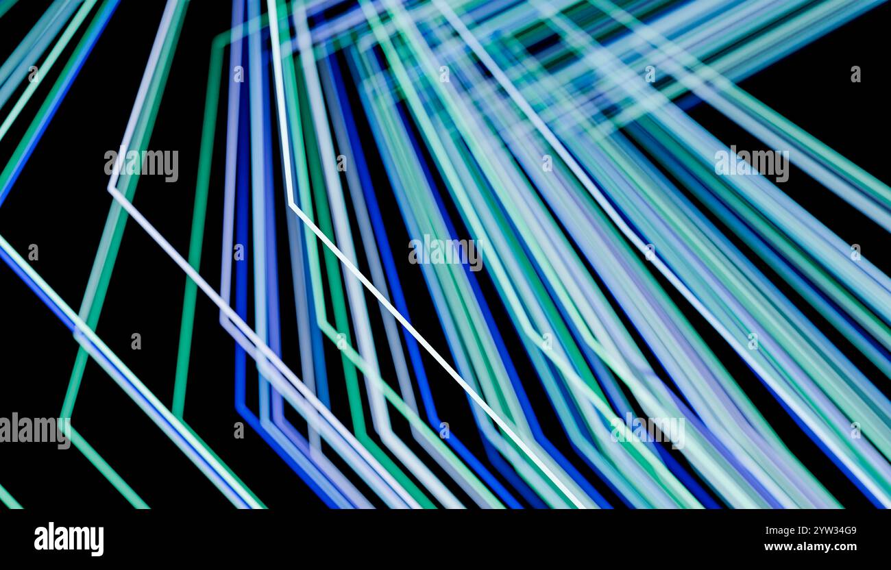 Abstract background of blue and white neon light streaks crossing over ...