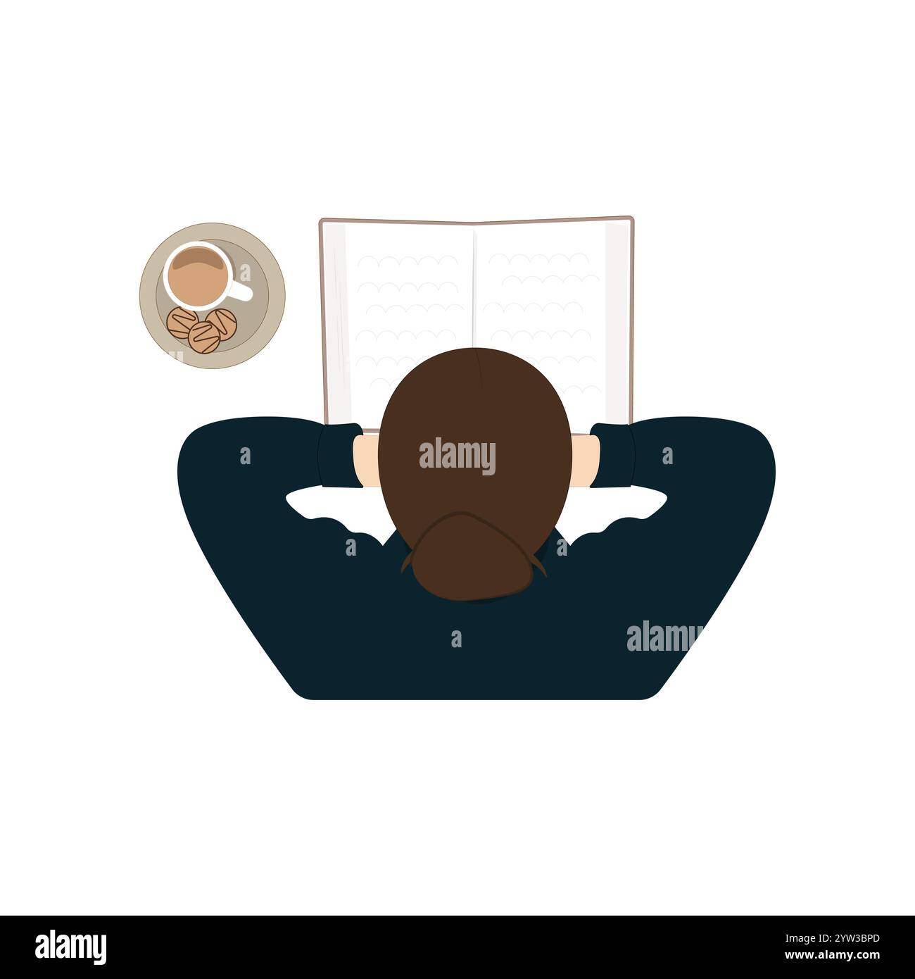 Woman reading a book and drink coffee. A female student is studying at home or in a cafe. Literature hobby, intellectual leisure activity. Stock Vector