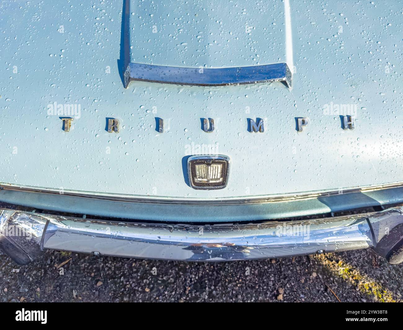 Close-up of light blue 1960s vintage Triumph 1300 bonnet hood with badge & chrome lettering r& aindrops classic automotive design nostalgic appeal - Smartphone Captured Stock Image