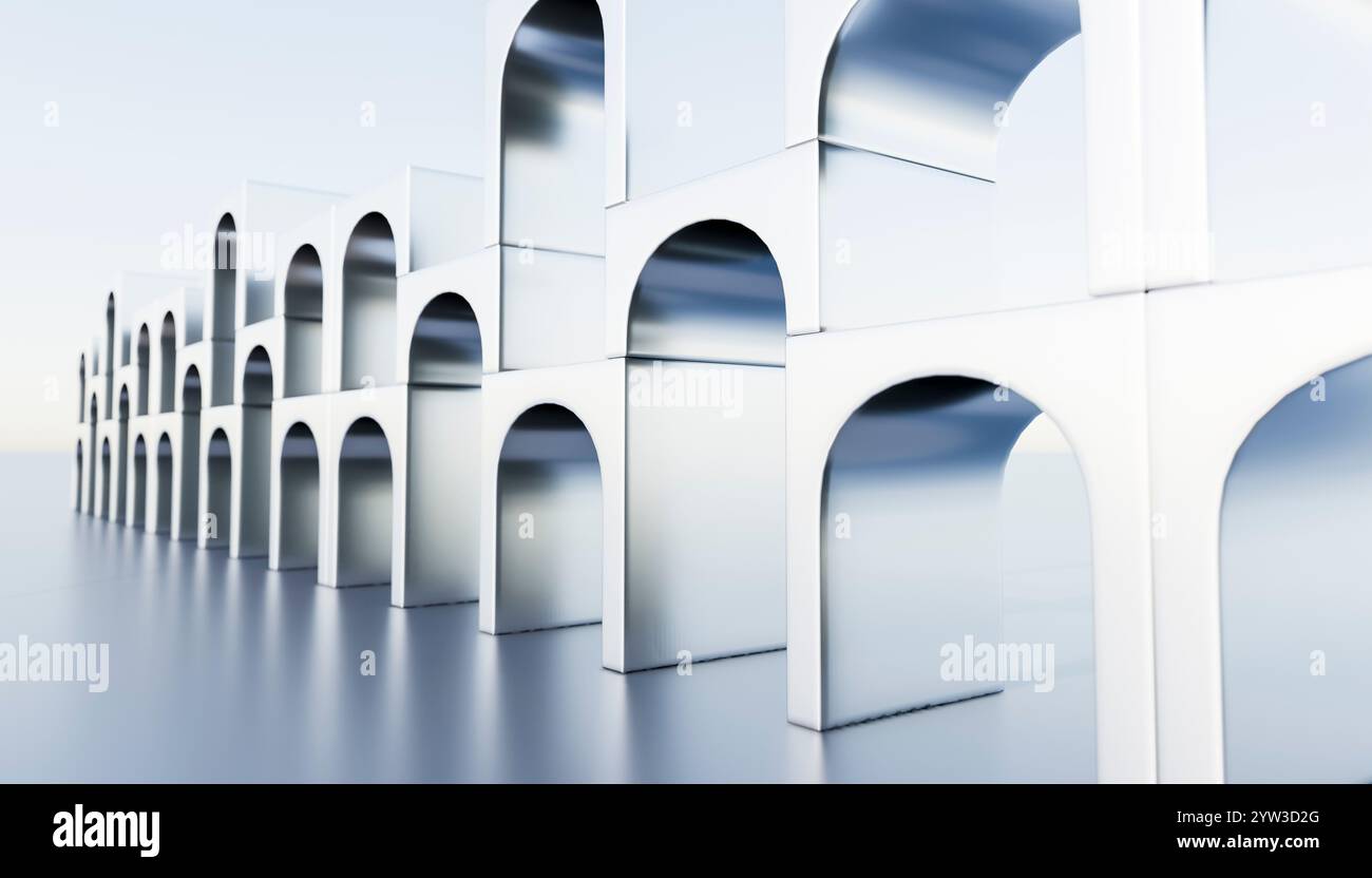 Illustration of white arches forming a long corridor with reflections on a glossy floor under soft lighting Stock Photo