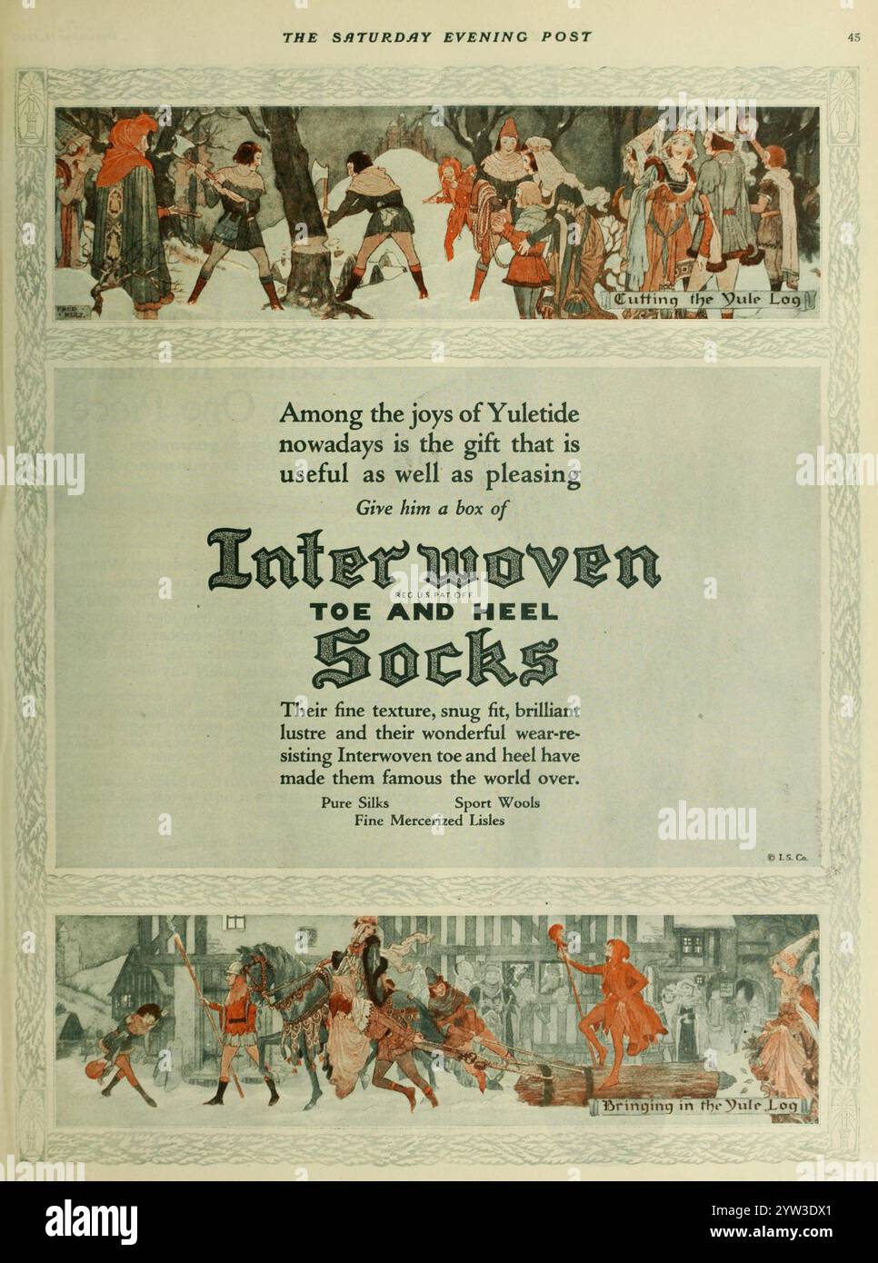 1920 Interwoven Socks Christmas Ad - Yuletide Yule Log Stock Photo
