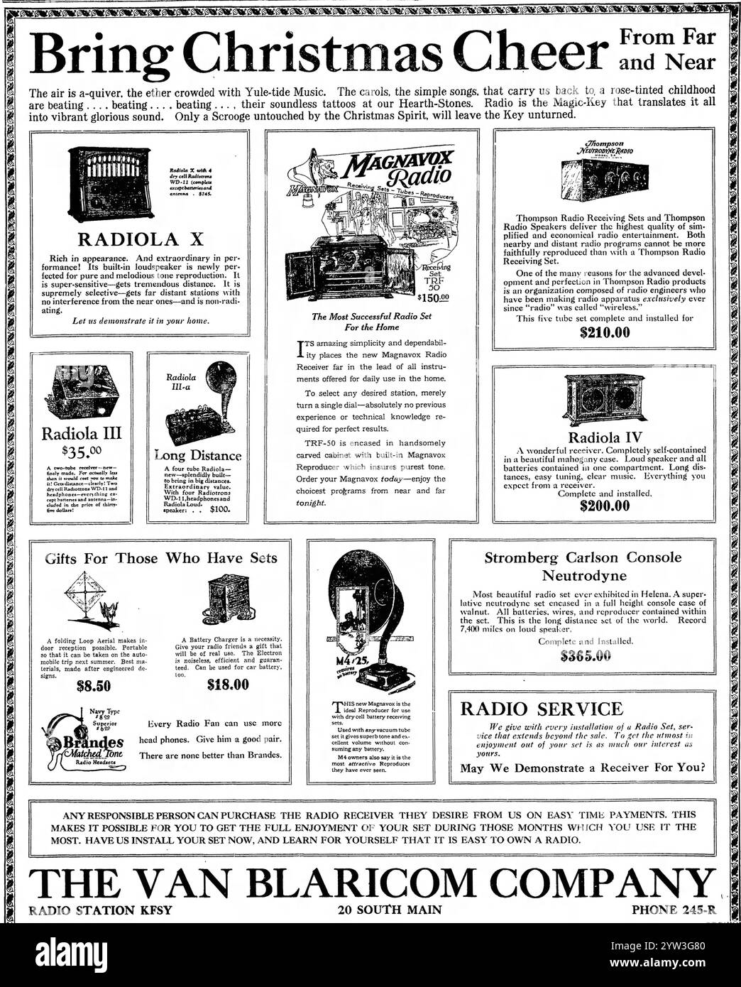 1924 Christmas Radios Ad - The Van Blaricom Company - Radiola, Radio Stock Photo