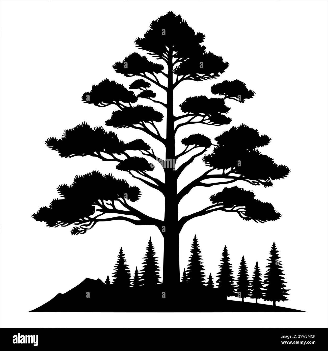 tall forest silhouette tree black and white art Stock Vector Image ...