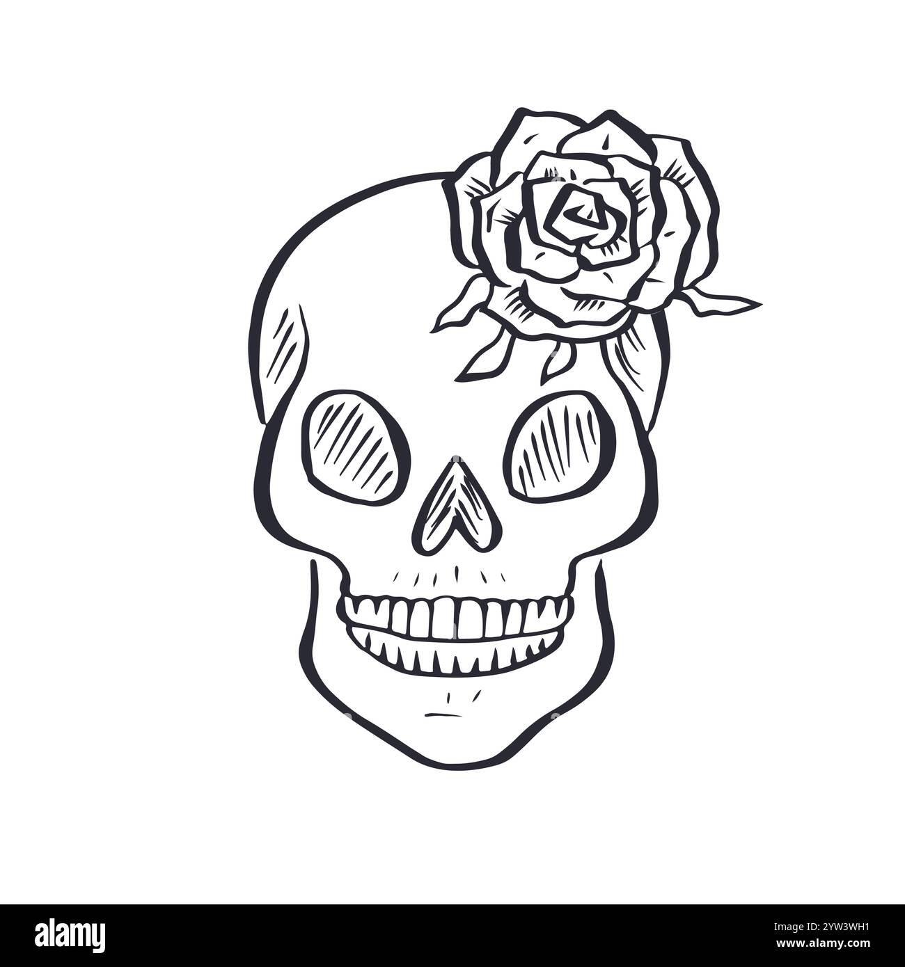 Hand drawn black and white sketchy floral human skull isolated on white ...