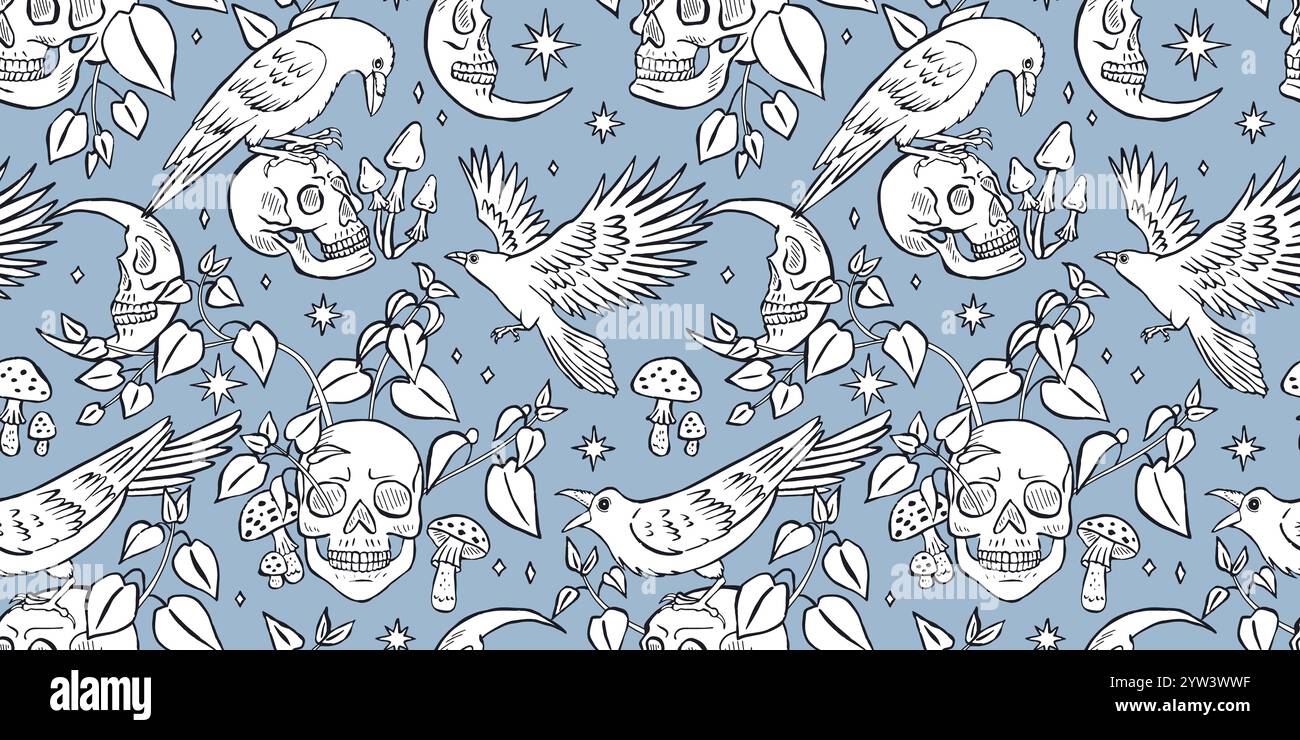 Black and white Seamless pattern with hand drawn inky ravens or crows sitting on human skulls Stock Vector