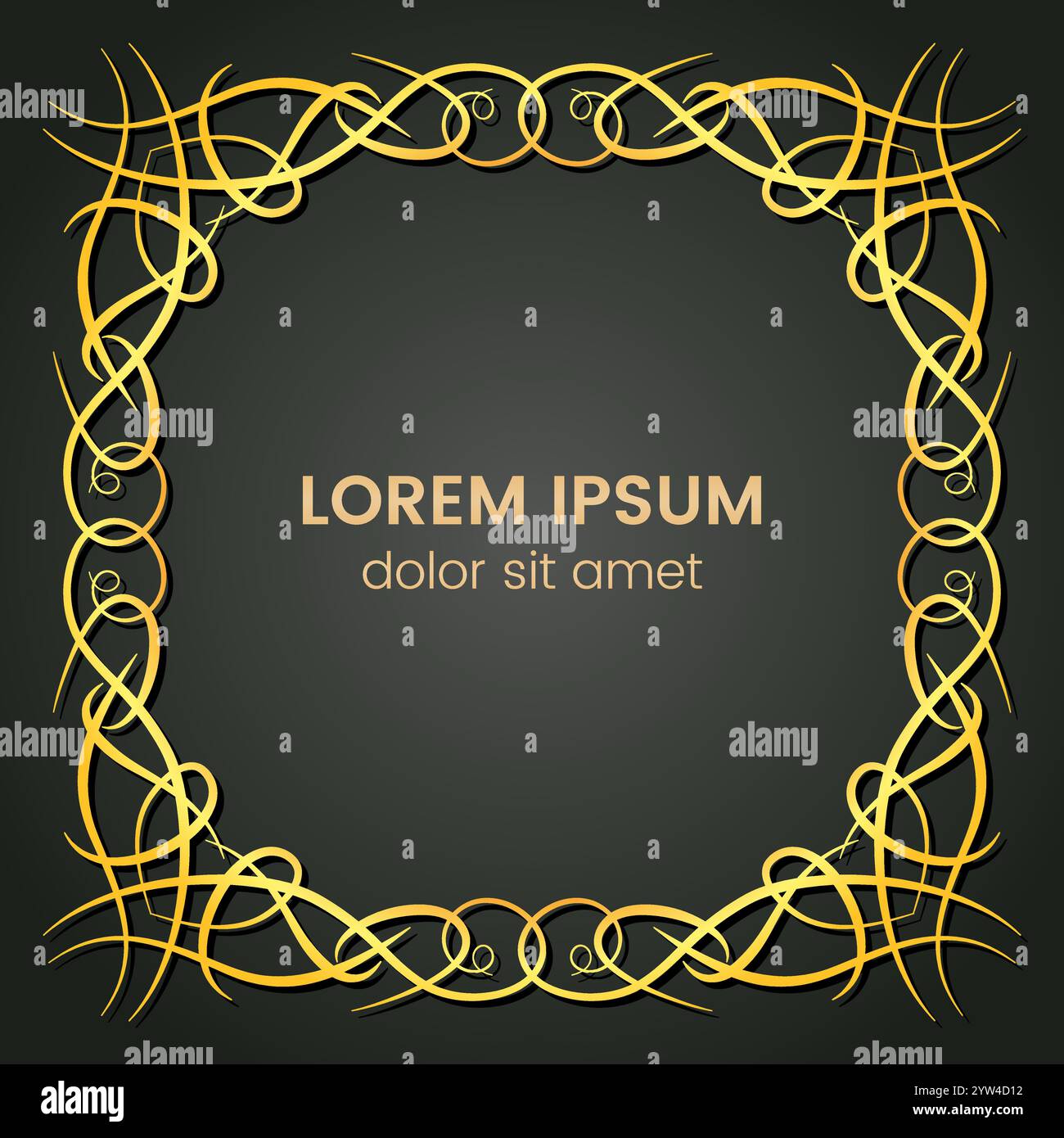 A square golden monogram element on a dark background. Vector illustration. Stock Vector