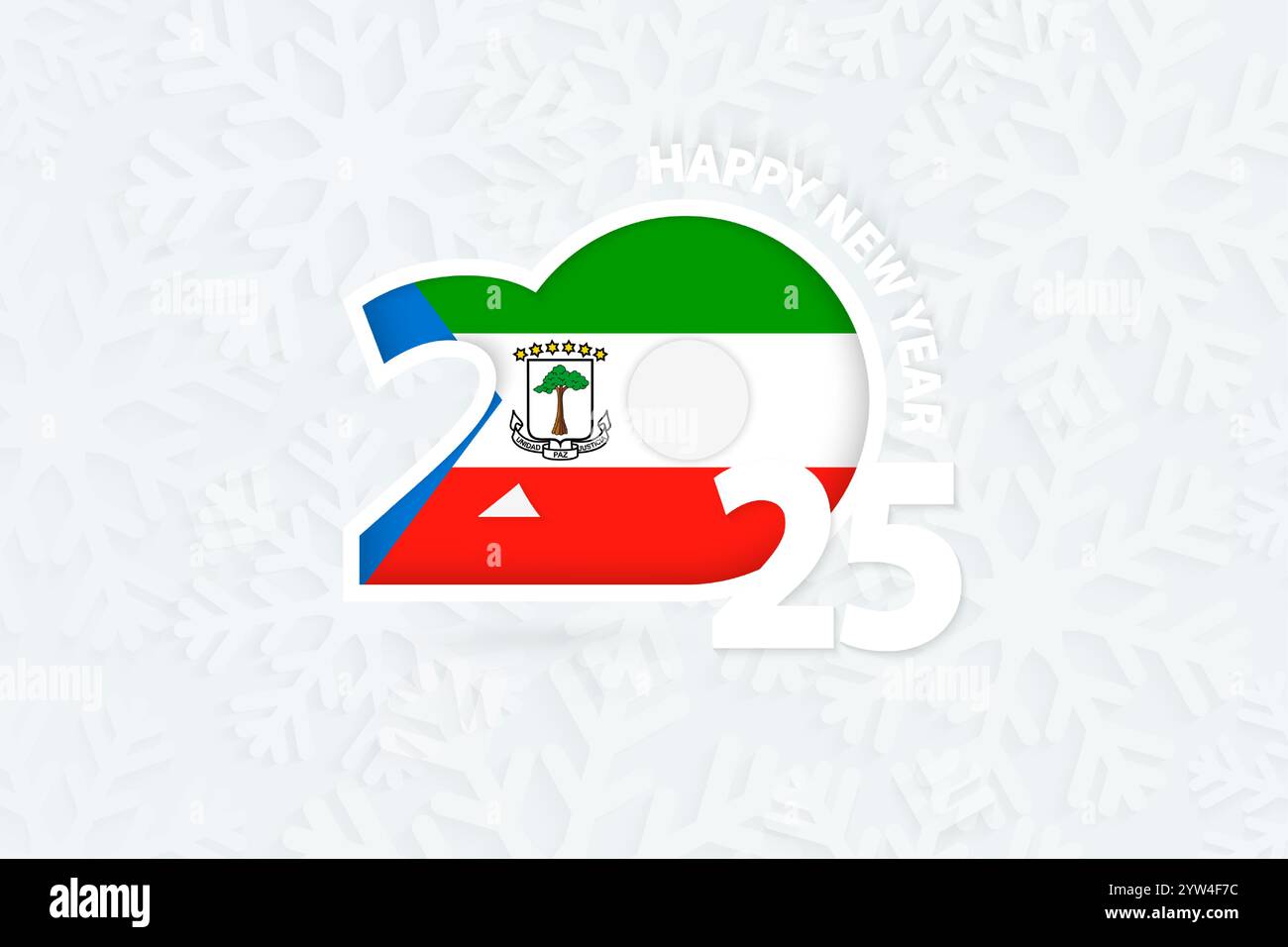 New Year 2025 for Equatorial Guinea on snowflake background. Greeting