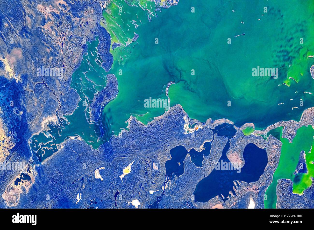 Body of water, greenery and land features in Kazakhstan. Digital ...