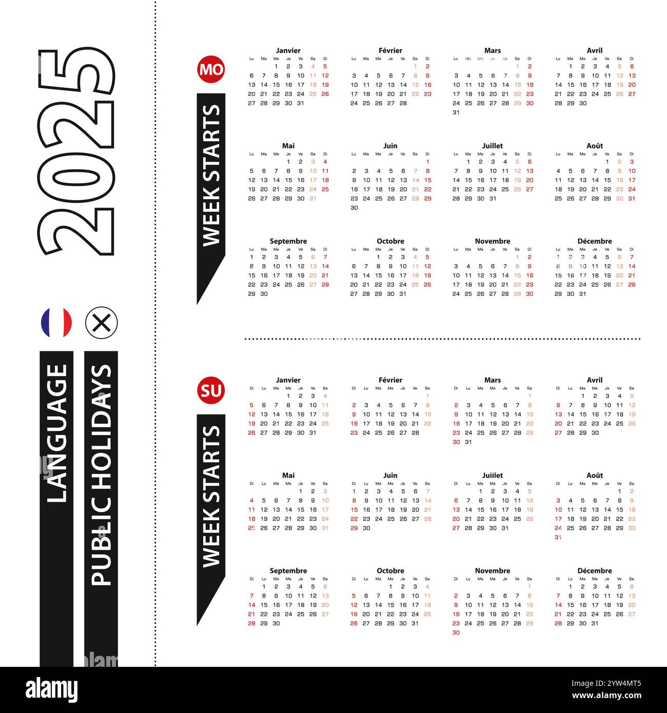 Two versions of 2025 calendar in French, week starts from Monday and week starts from Sunday