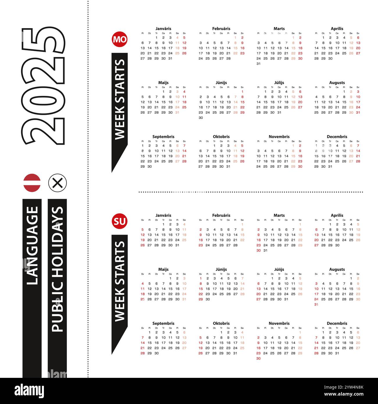 Two versions of 2025 calendar in Latvian, week starts from Monday and