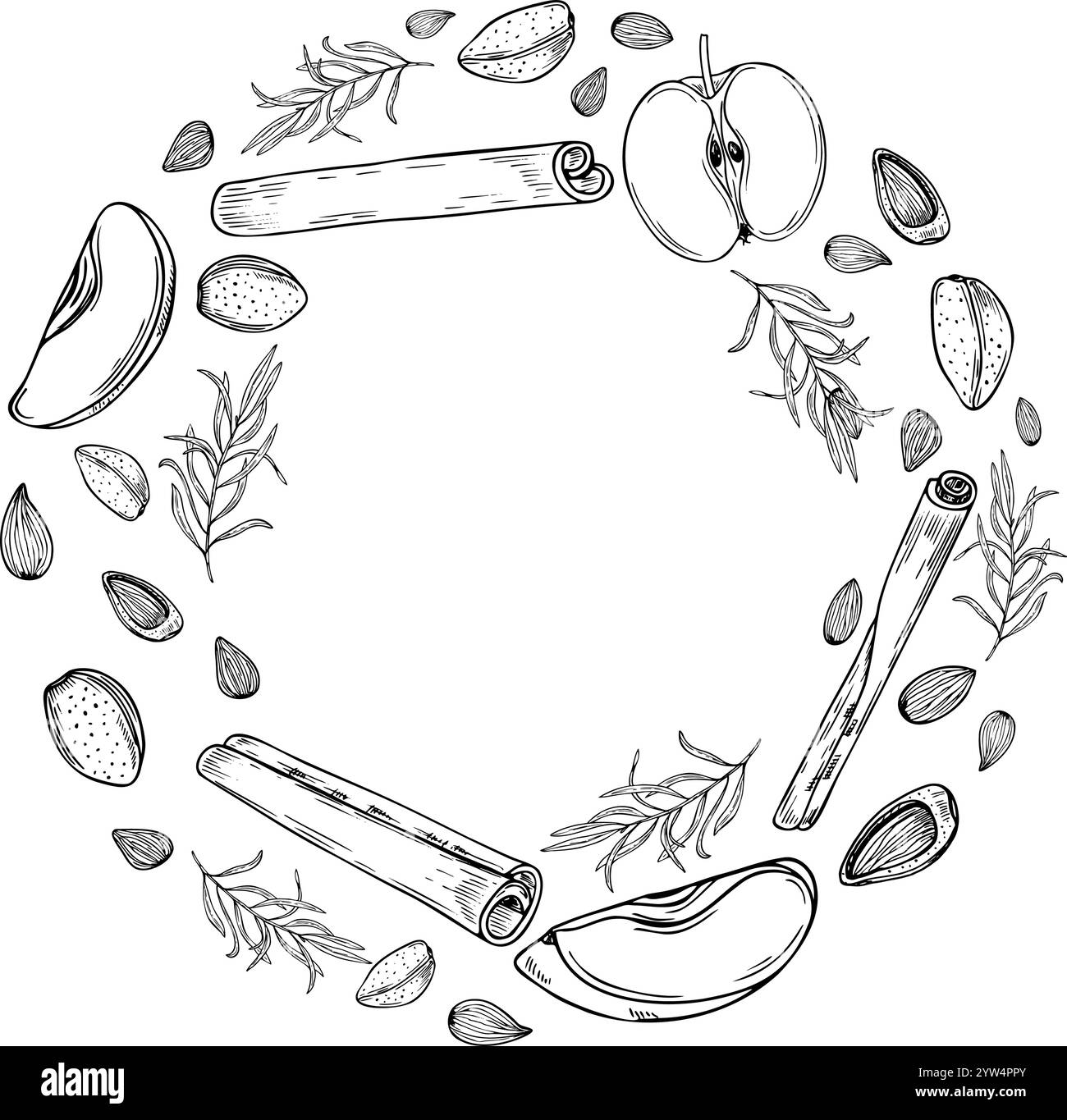 Almond seed, apple slice and cinnamon stick vector horizontal frame in black and white colors. Nuts with fruits, seasoning ingredients monochrome Stock Vector